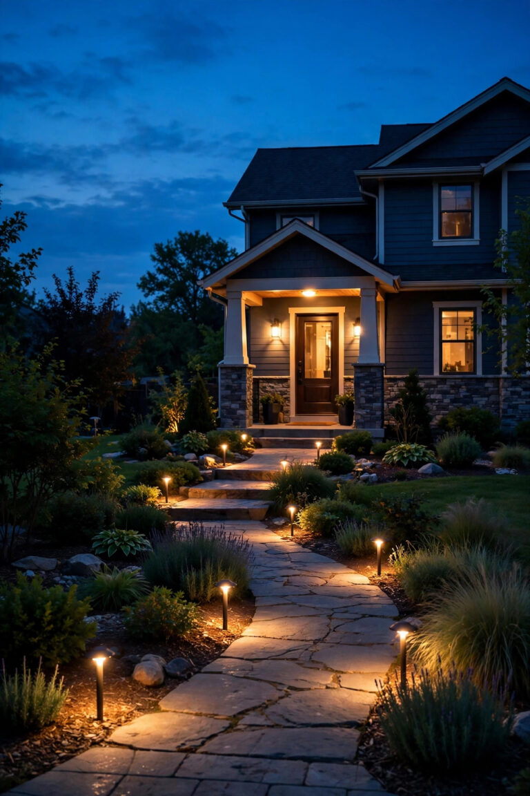 Layered front path and porch lighting combo at dusk with warm path lights leading to a glowing porch entry