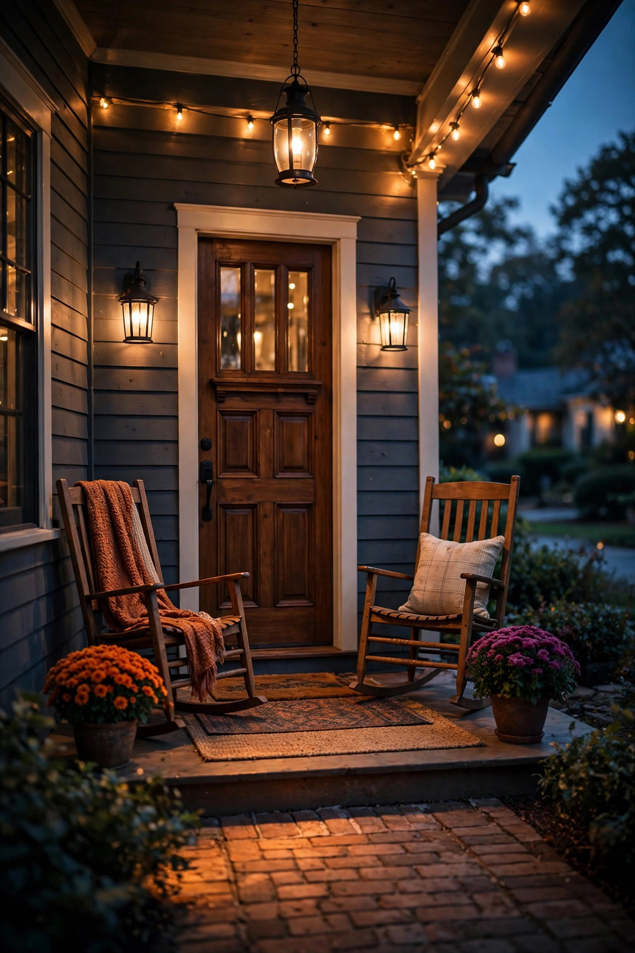 Warm-lit front porch at dusk with glowing wall sconces, ceiling pendant and string lights for year-round curb appeal