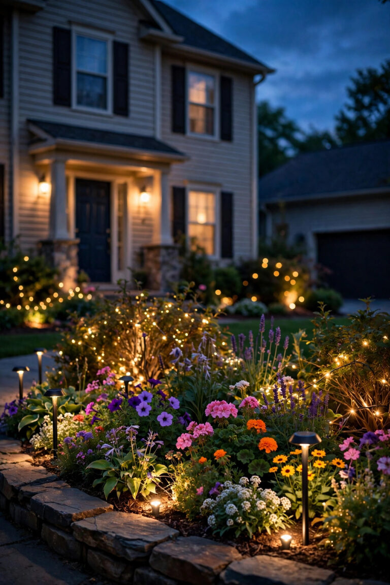 Front yard flower bed lighting at dusk with layered solar stakes, uplights and fairy lights glowing among colorful plantings
