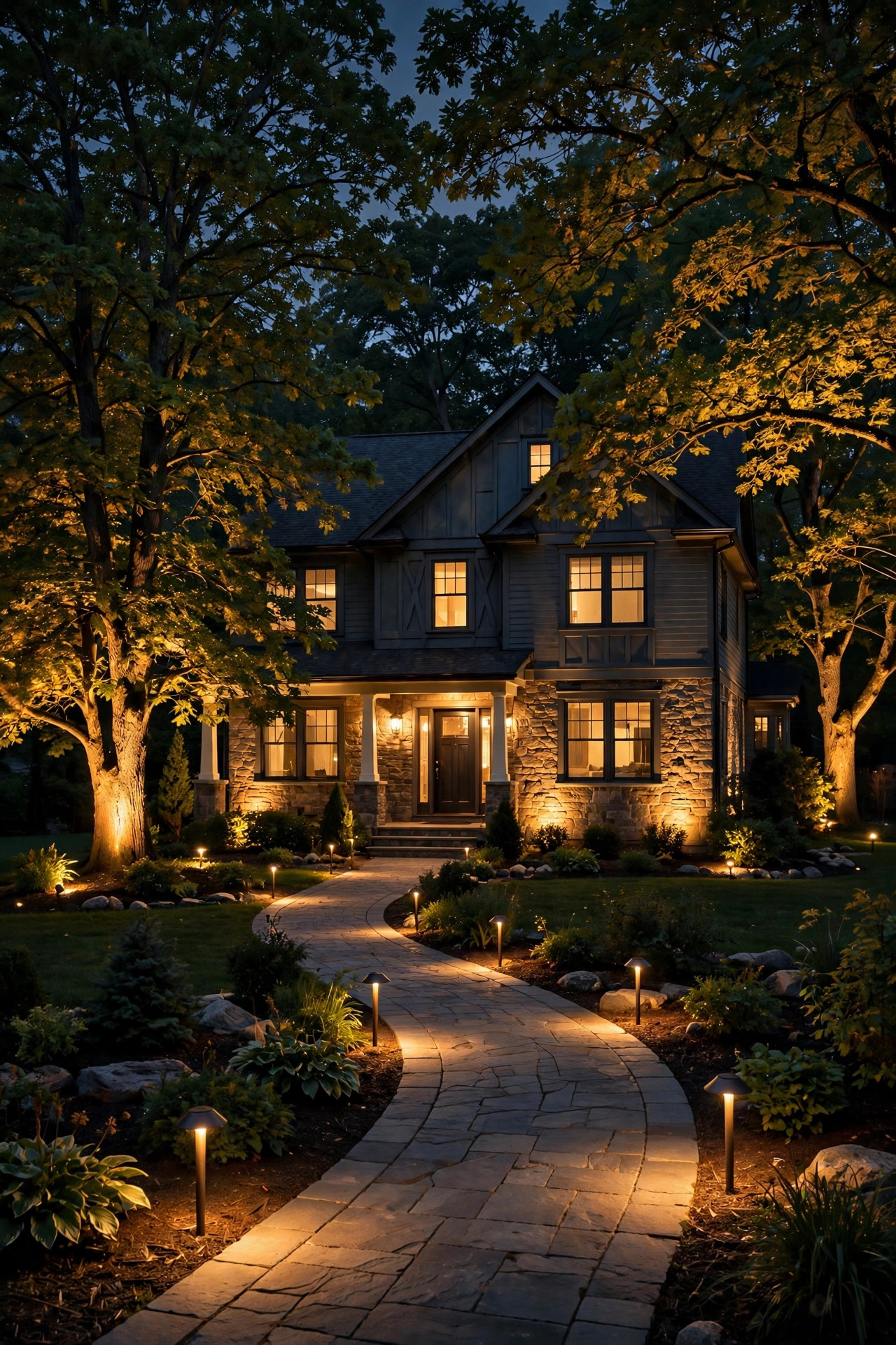 Front yard at night with layered landscape lighting — path lights along walkway, uplights on trees, warm glow on house facade