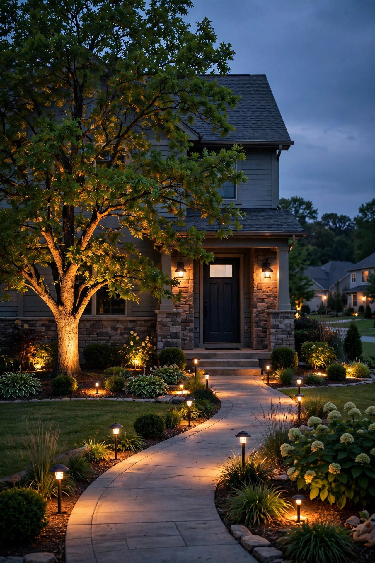 Suburban home front yard at dusk with warm path lights, tree uplighting and glowing porch sconces, the kind of layered look behind most front yard lighting cost estimates