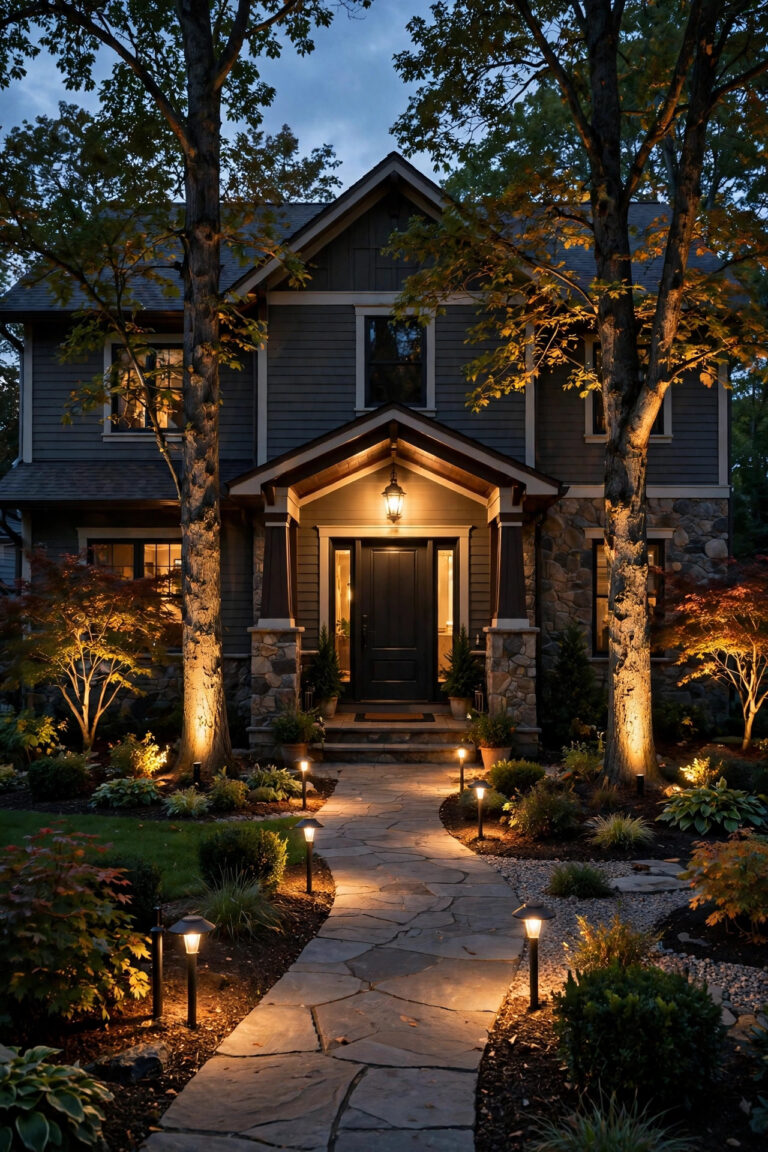 Front yard at dusk with warm timer-controlled porch light, path lights and tree uplights glowing on schedule