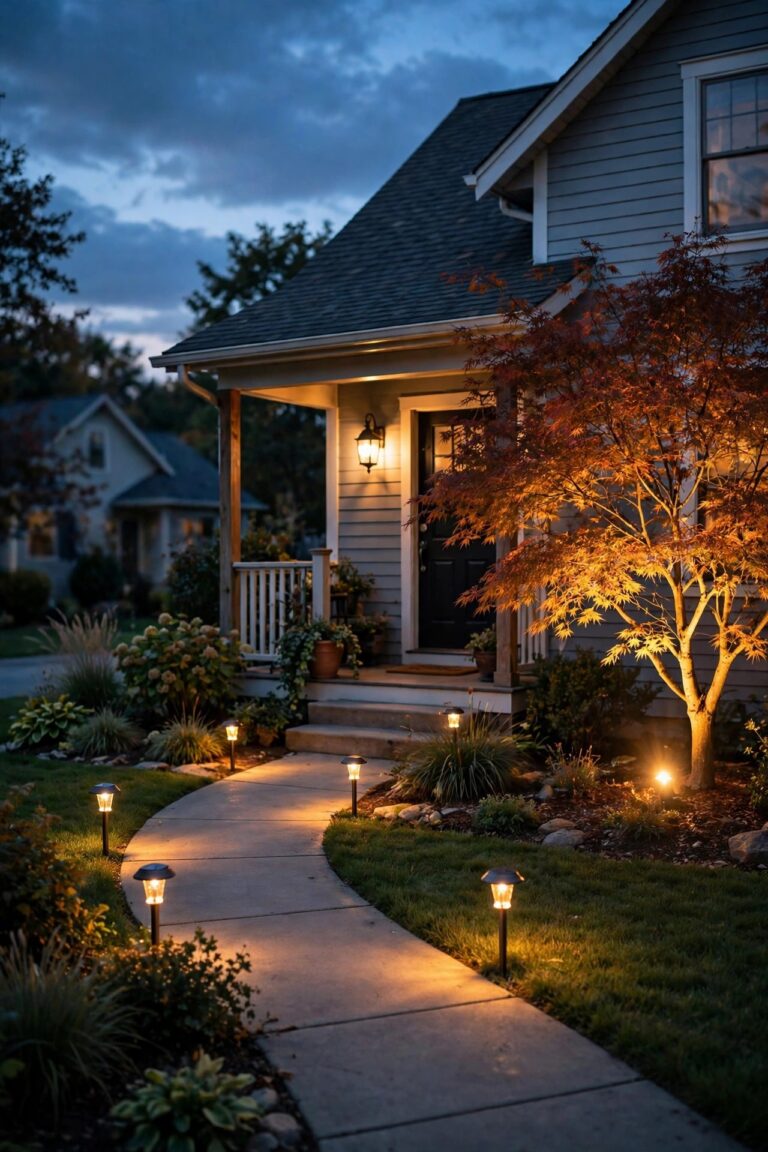 Cozy suburban front yard at dusk with warm solar path lights along the walkway, a glowing porch light and one ornamental tree lit by a spotlight
