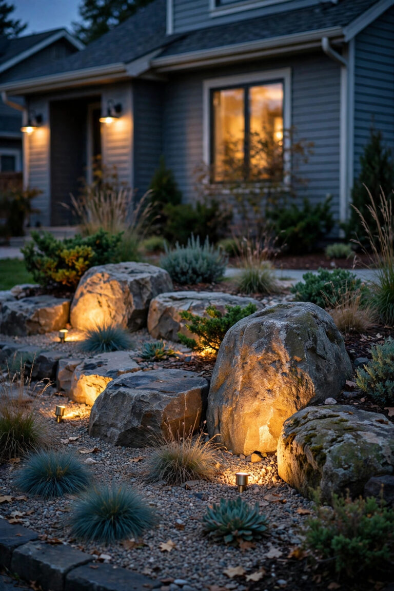 Front yard rock garden lighting at dusk with warm uplights glowing against large boulders and gravel beds