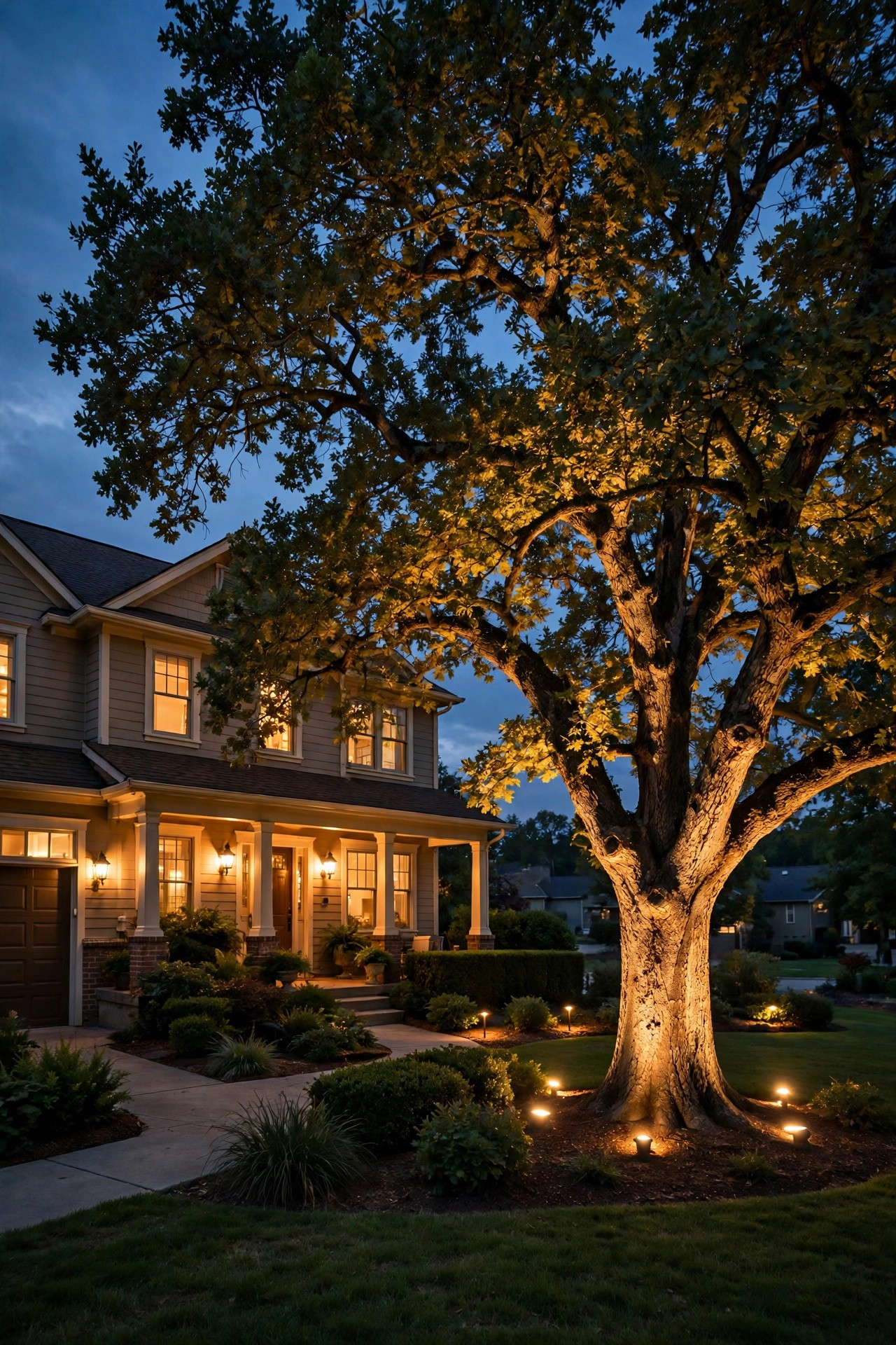 Front yard tree lighting ideas with warm uplights glowing on a mature oak tree at dusk