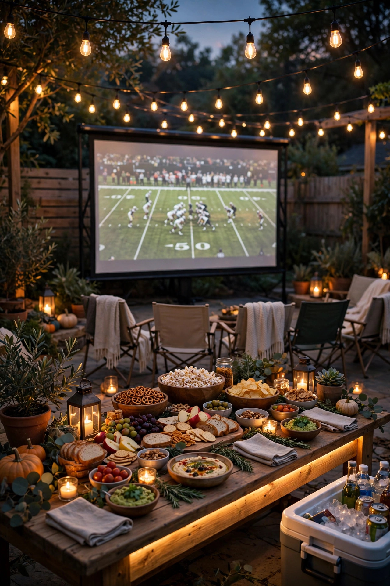 Backyard watch party at dusk with a big outdoor screen, warm dimmable string lights overhead and glowing snack table, game day backyard lighting ideas