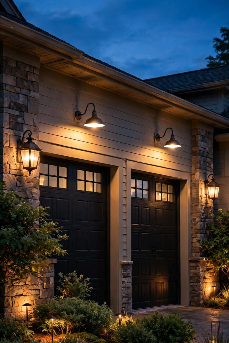 Two-car garage at dusk framed by warm carriage lanterns, gooseneck lights and soft uplighting across the whole facade