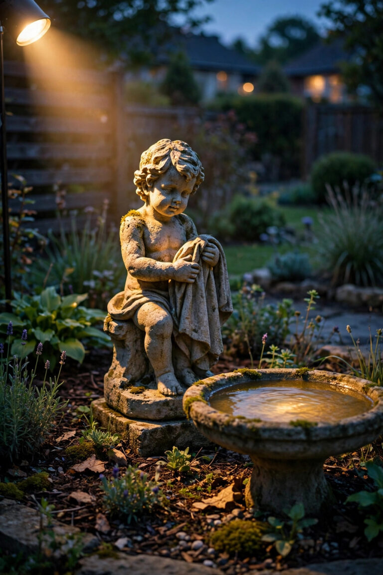 Stone garden statue lit by a warm spotlight at dusk in a suburban garden bed, birdbath glowing softly nearby