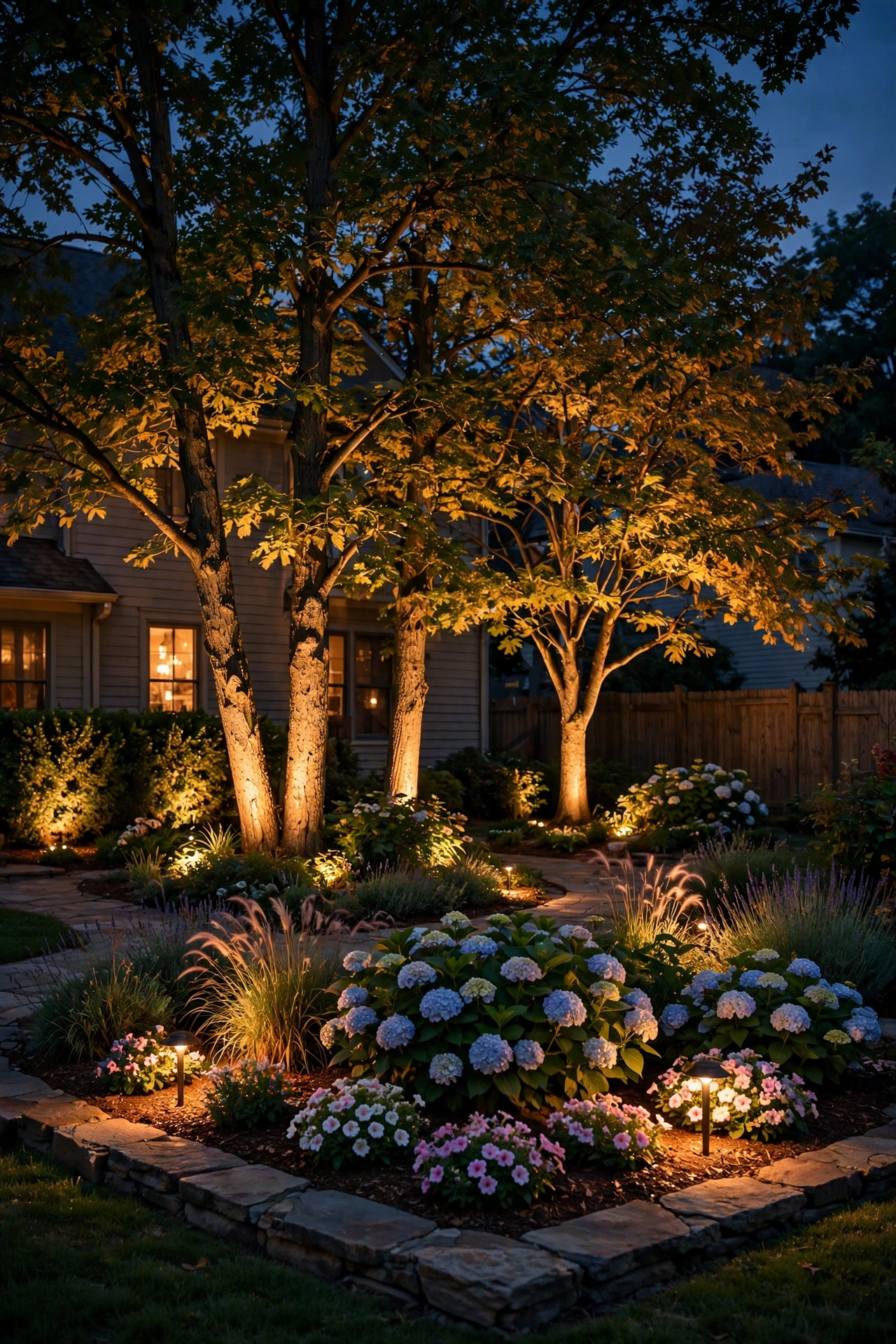 Beautiful garden at night with warm uplights on trees and flower beds
