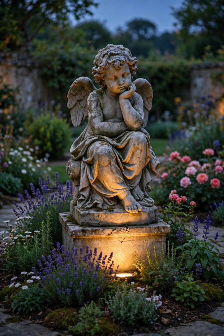 Stone garden statue glowing warmly at dusk with a soft uplight at its base surrounded by flower beds