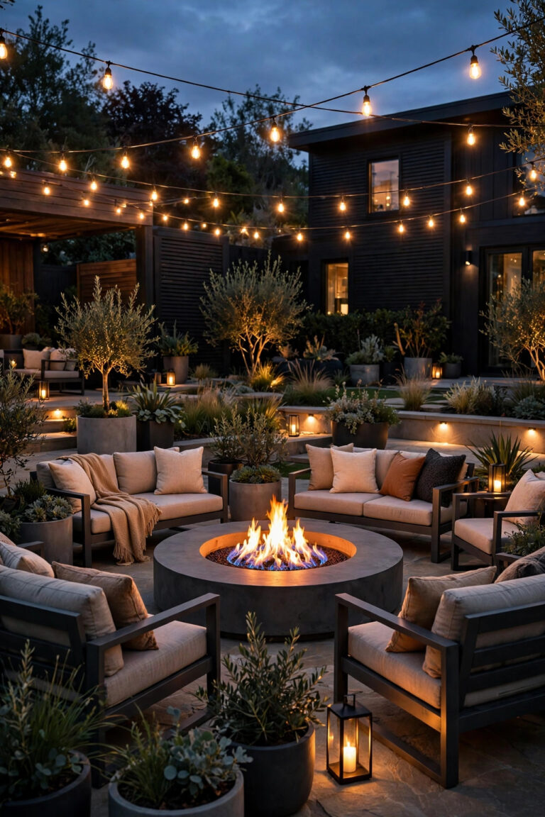 Modern backyard gas fire pit at dusk with layered warm lighting around the seating circle