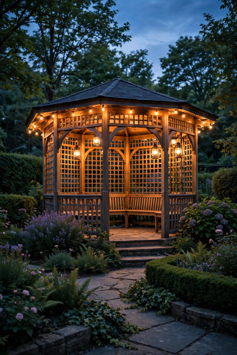 Gazebo garden lighting ideas with a warmly lit gazebo glowing as the focal point of a garden at dusk