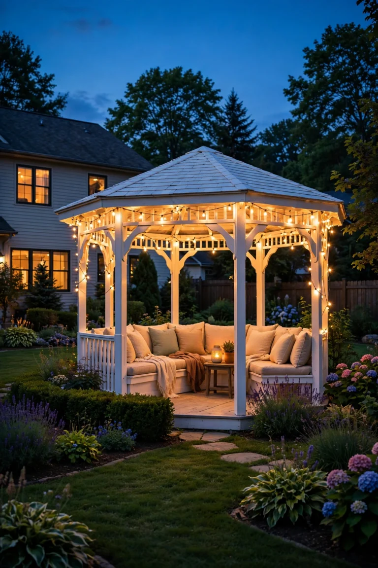 Wooden backyard gazebo glowing with warm string lights and lanterns at dusk
