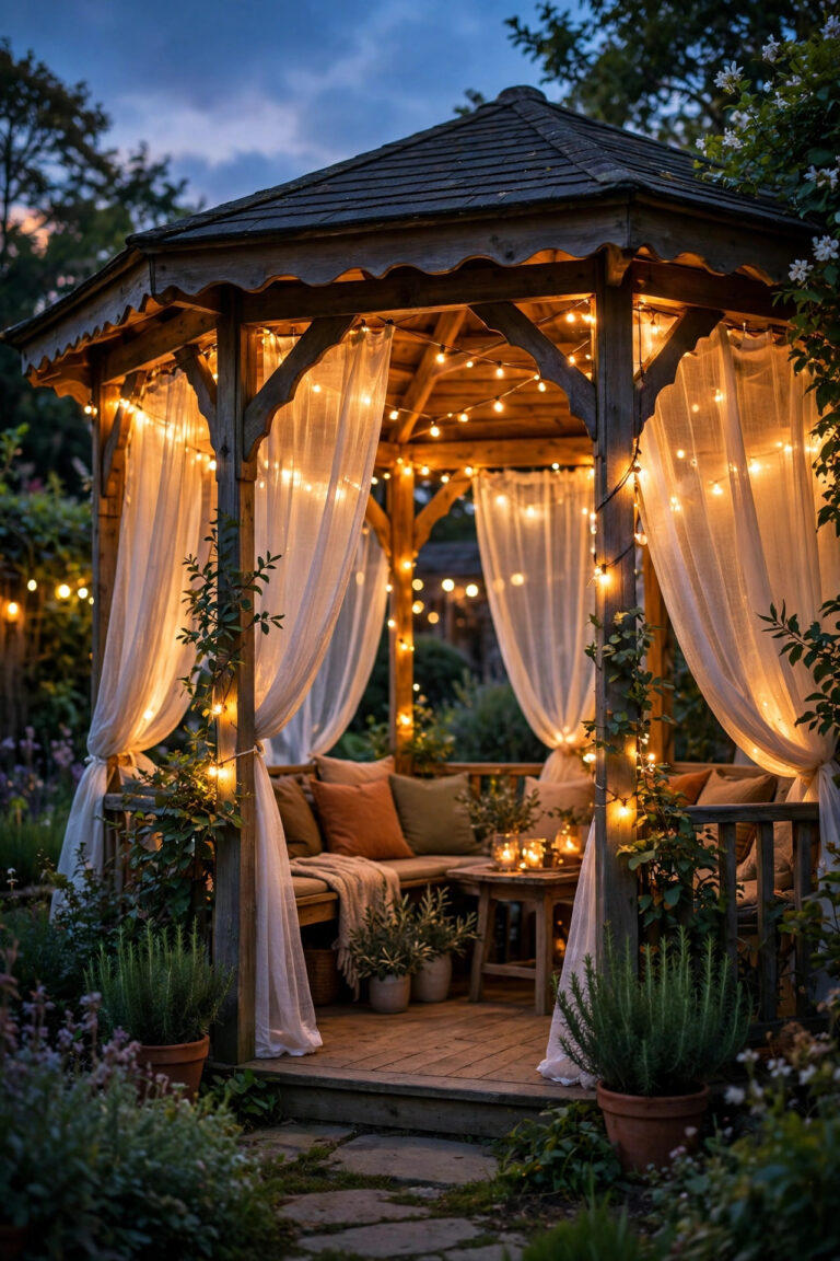 Gazebo at dusk with glowing curtains and warm string lights creating a private evening hideaway