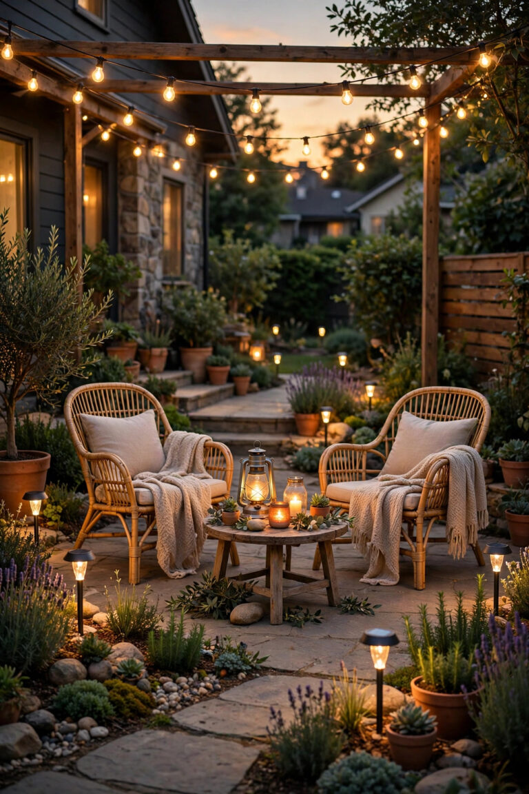 Cozy suburban patio at golden hour with warm string lights, glowing lanterns and solar path lights layered around outdoor seating