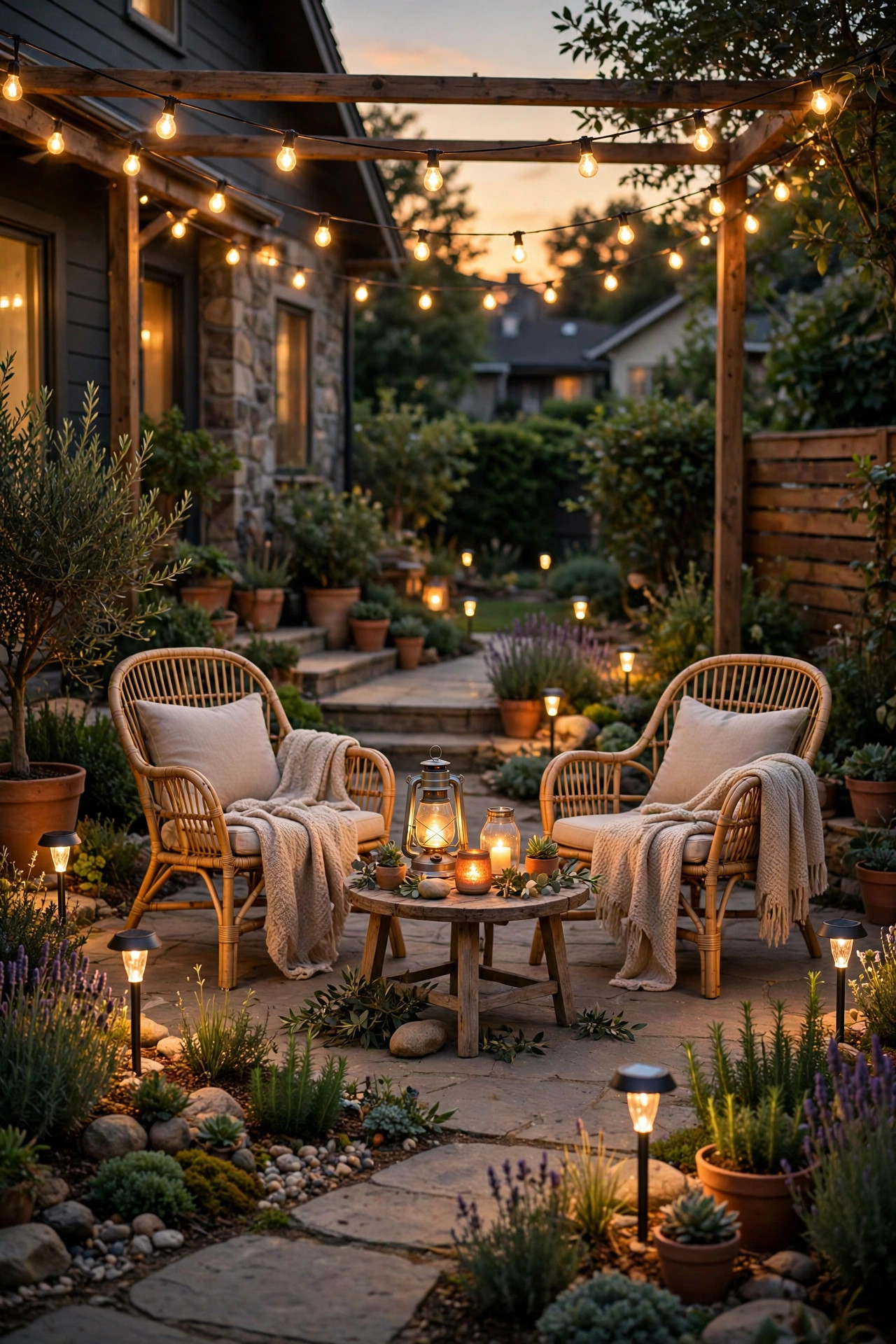 Cozy suburban patio at golden hour with warm string lights, glowing lanterns and solar path lights layered around outdoor seating