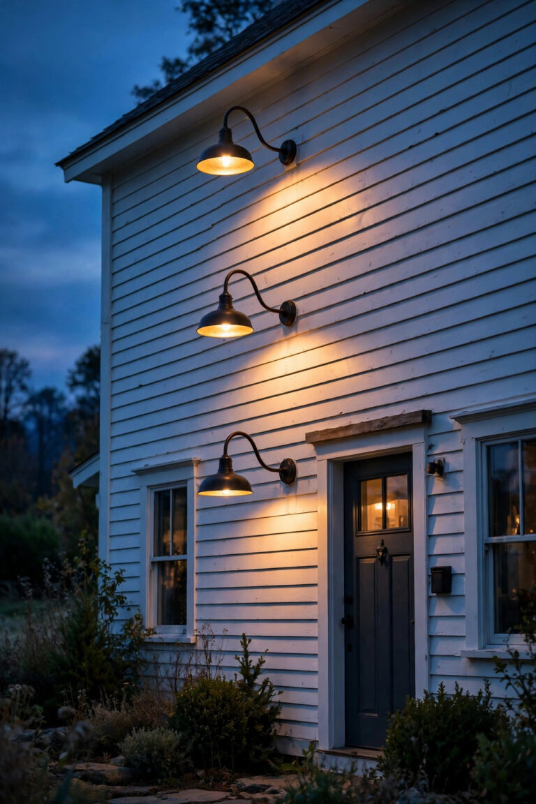 Glowing gooseneck barn lights mounted on a white farmhouse exterior at dusk with warm golden light