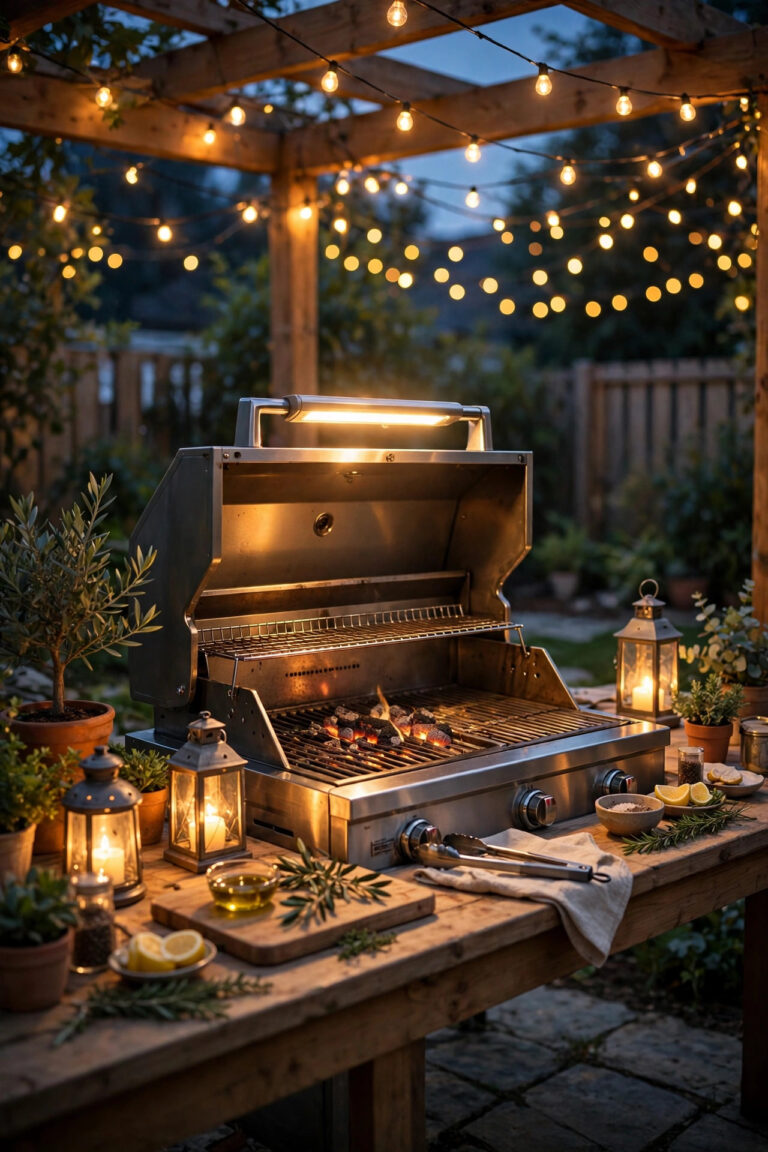 Backyard grill station at dusk with warm task light over the grates, string lights overhead, and lanterns glowing on the prep counter