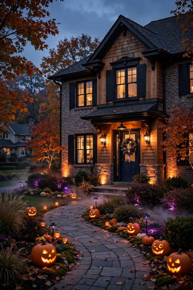 Elegant suburban home at dusk with amber uplighting, glowing pumpkin pathway lights and purple accent lights for Halloween