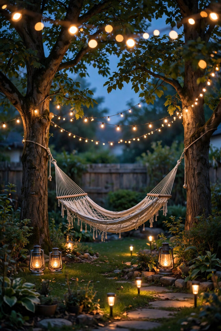 A backyard hammock strung between two trees at dusk, glowing under warm string lights with lanterns and soft path lights around it