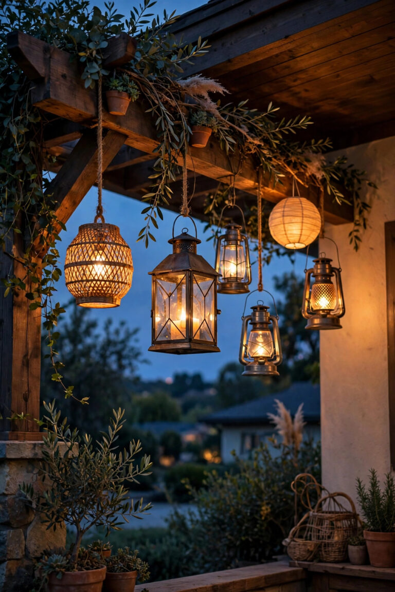 Assorted hanging outdoor lanterns glowing warmly from a pergola beam and porch ceiling at dusk