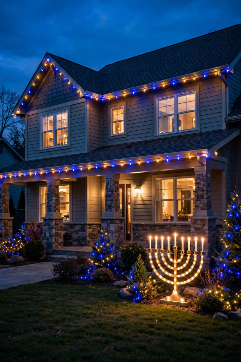 Home exterior at dusk decorated with hanukkah outdoor lighting ideas in blue and gold, string lights along the roofline and a glowing menorah display in the yard