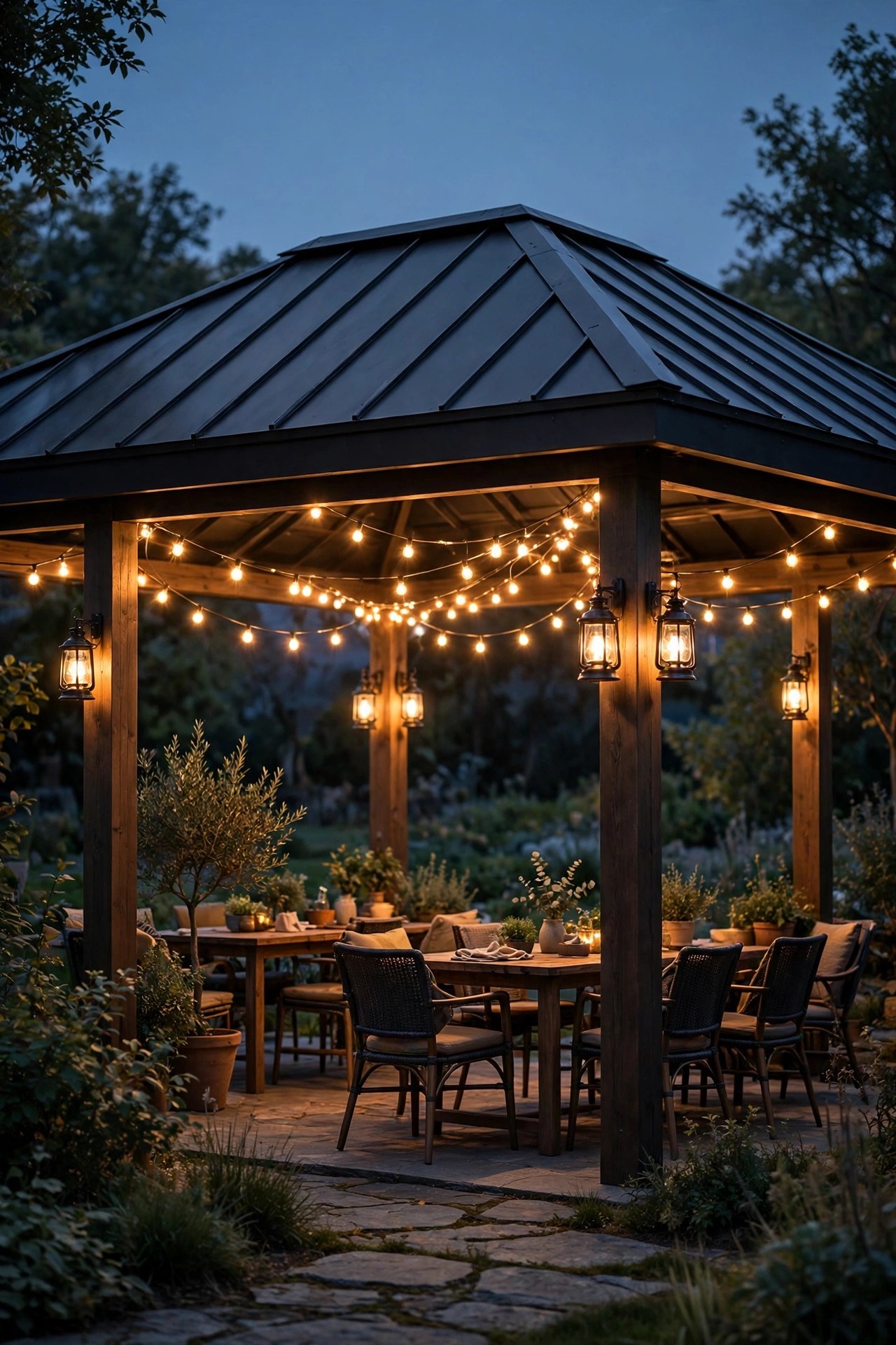 Hardtop gazebo at dusk glowing with layered warm lighting, café string lights under a dark metal roof and lanterns on the posts