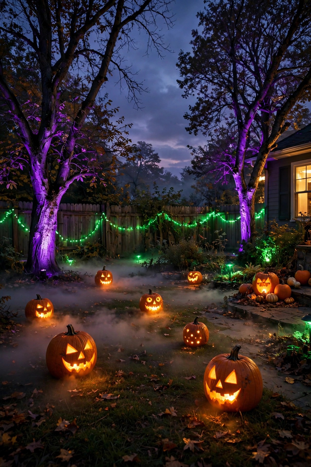 Haunted backyard at dusk with purple tree uplighting, low fog, glowing jack-o-lanterns and green accent lights