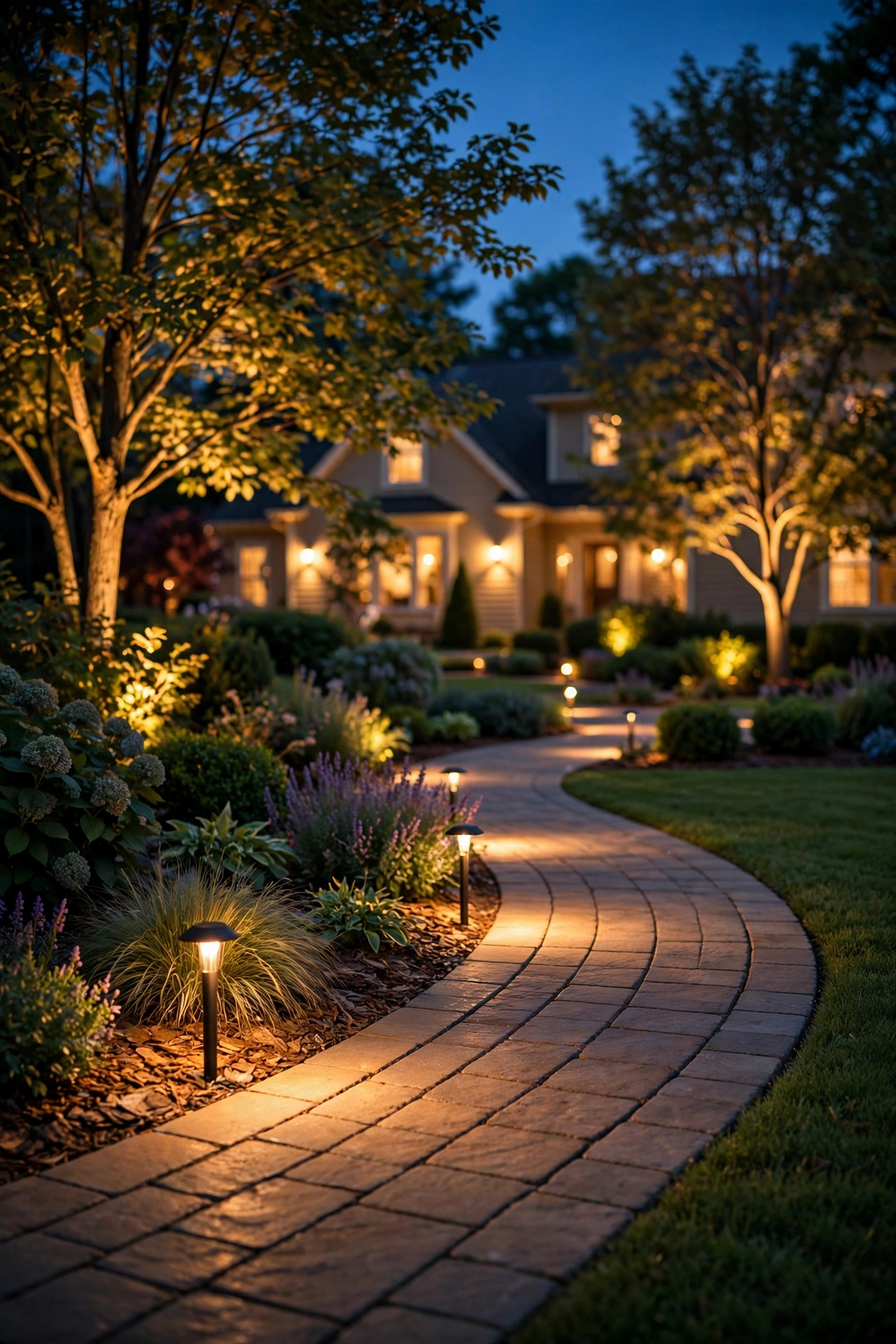 Beautifully lit suburban backyard at dusk with path lights glowing and no visible wires, showing how to hide landscape lighting wires and transformers