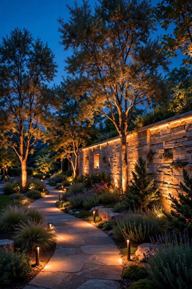 High-end landscape lighting ideas in an elegant garden at dusk, with uplit trees, soft path light pools, a glowing stone wall, and warm layered light