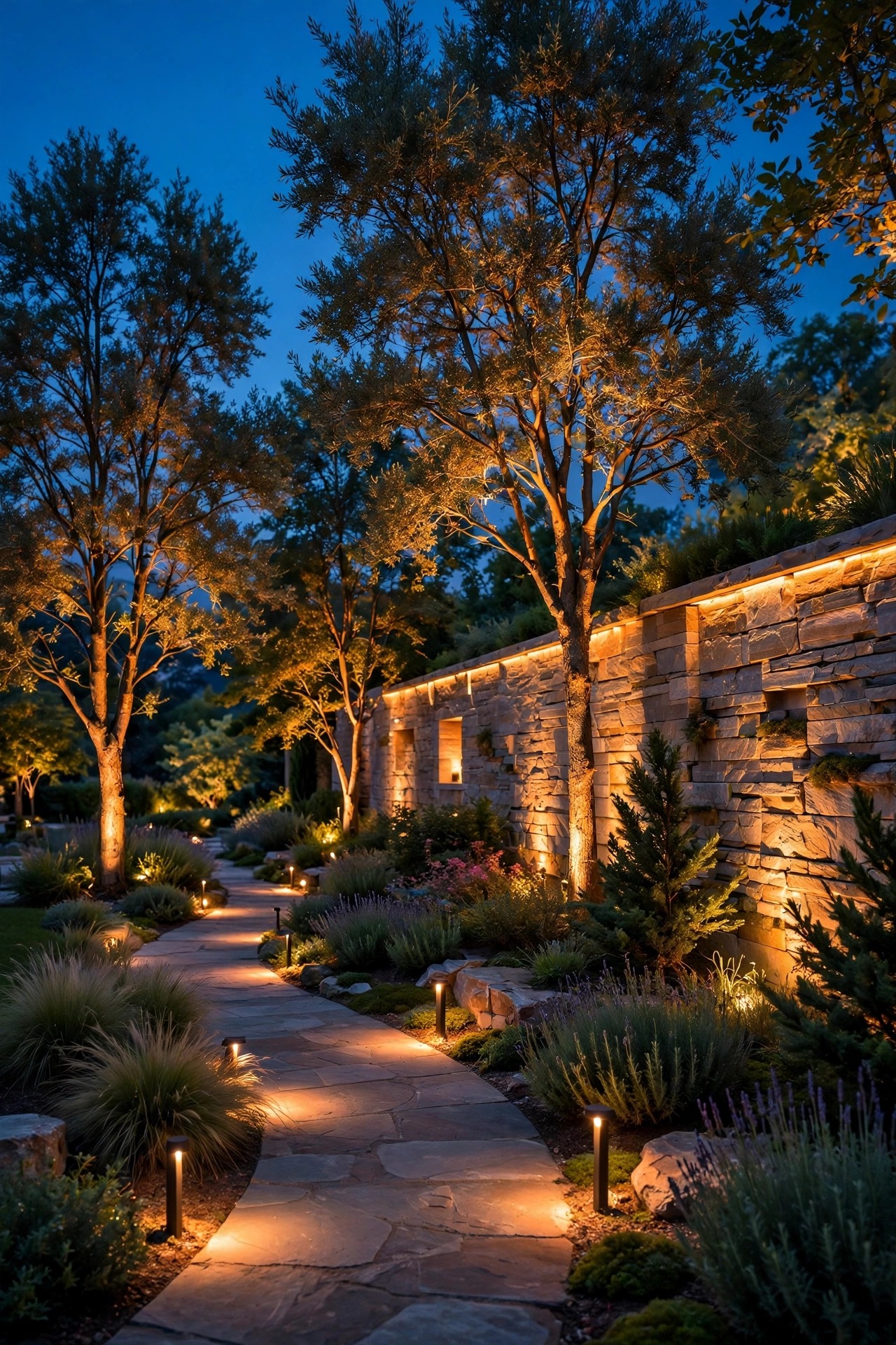 High-end landscape lighting ideas in an elegant garden at dusk, with uplit trees, soft path light pools, a glowing stone wall, and warm layered light