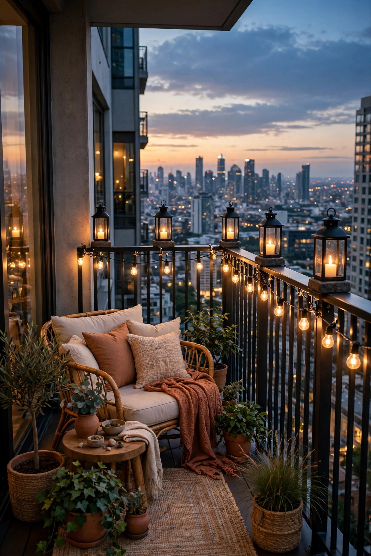 High-rise balcony at dusk with warm string lights secured along the railing, weighted lanterns, and a cozy seating corner glowing against the city skyline