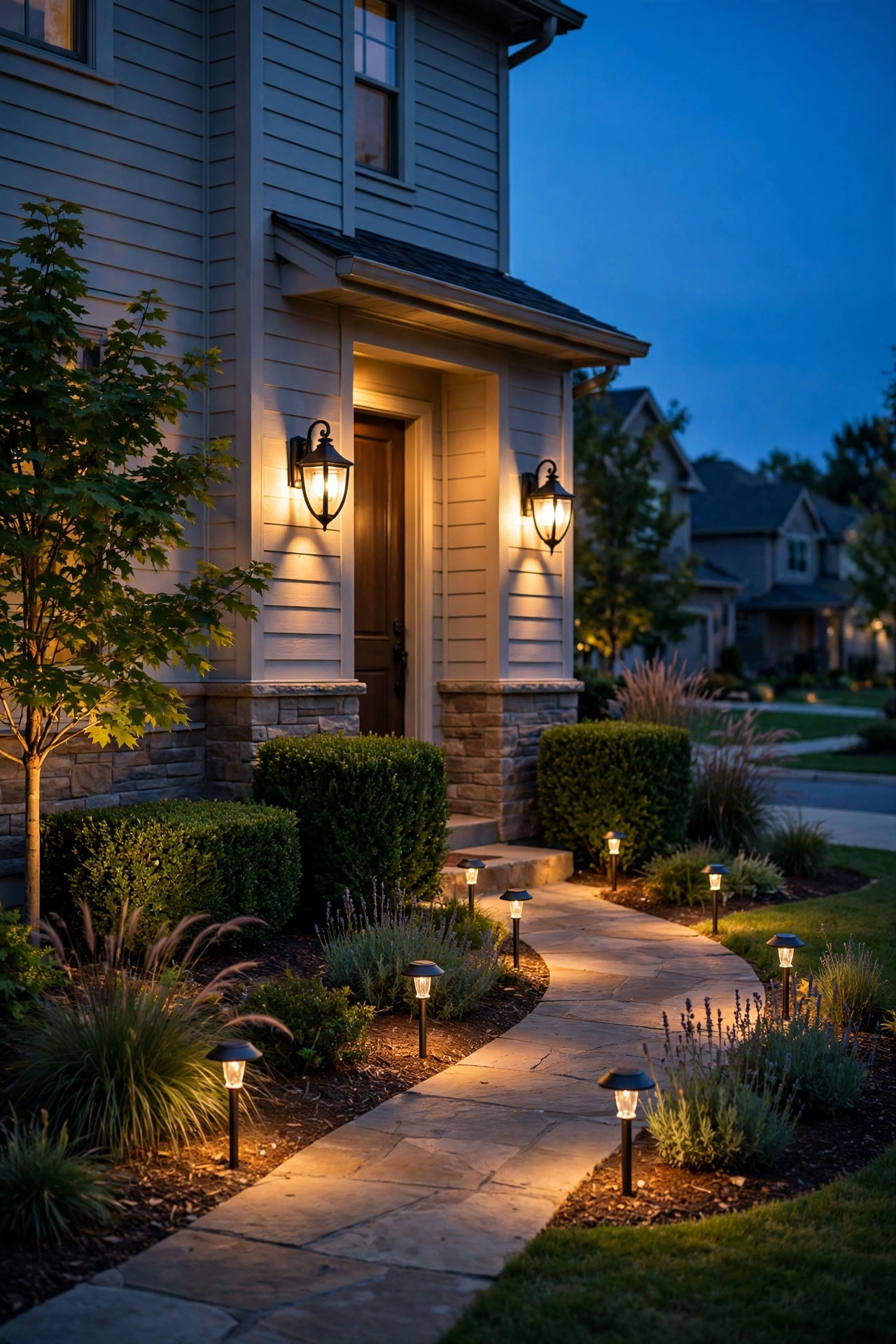 Warm, HOA friendly outdoor lighting ideas in a tidy suburban front yard at dusk with shielded sconces and soft solar path lights