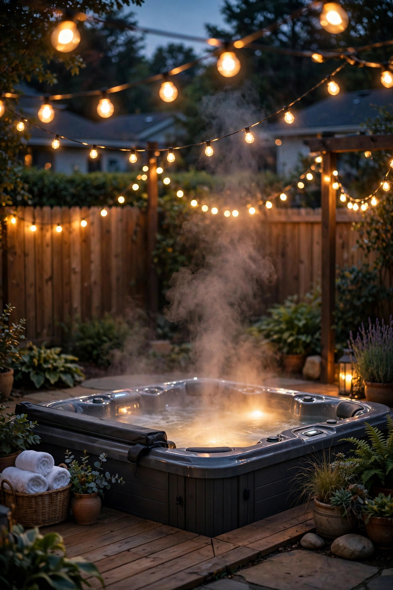 Hot tub glowing at night under warm string lights — hot tub lighting ideas for backyard spas