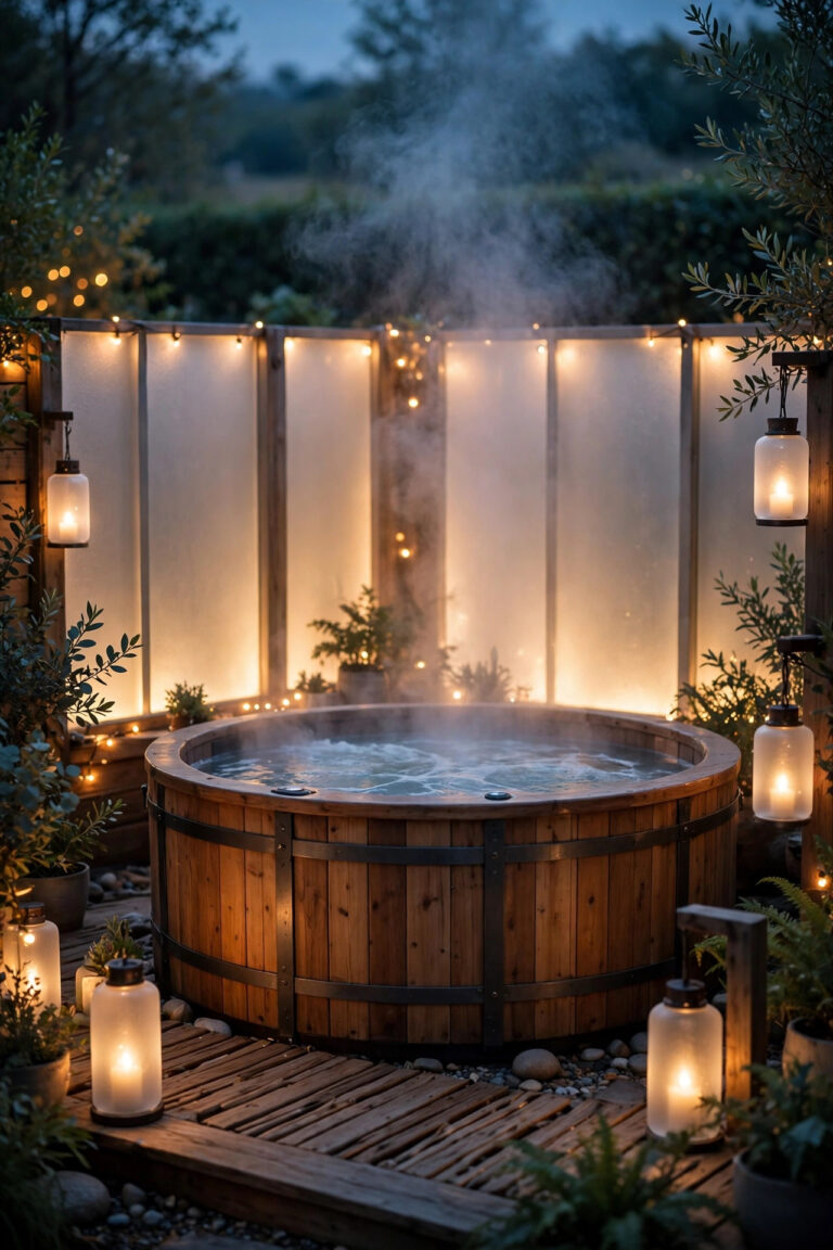 Hot tub at dusk surrounded by low warm privacy lighting, frosted lanterns and a glowing privacy screen, steam rising softly