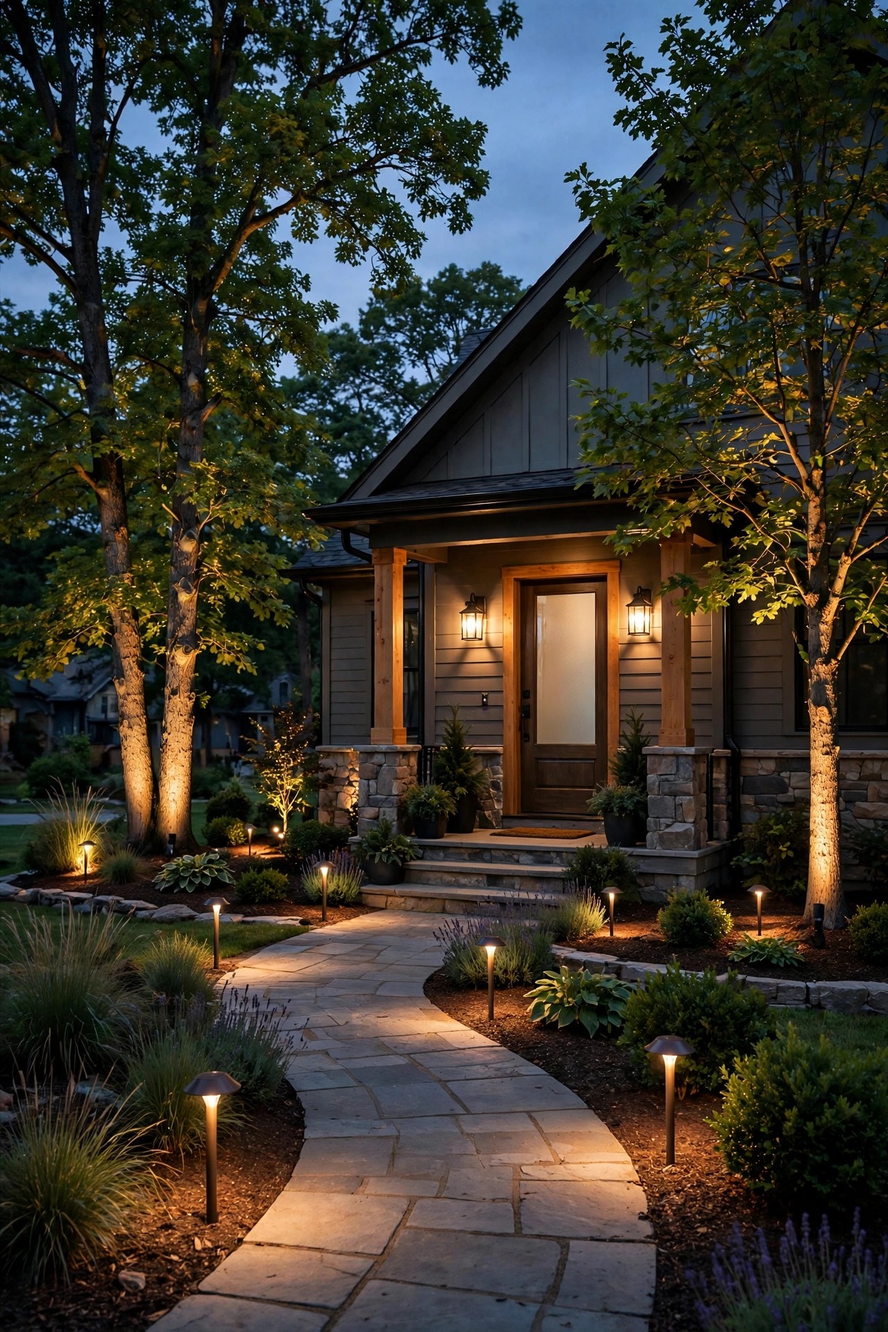 Front yard at dusk with warm path lights, tree uplights and porch sconces glowing together, landscape lights built to last for years