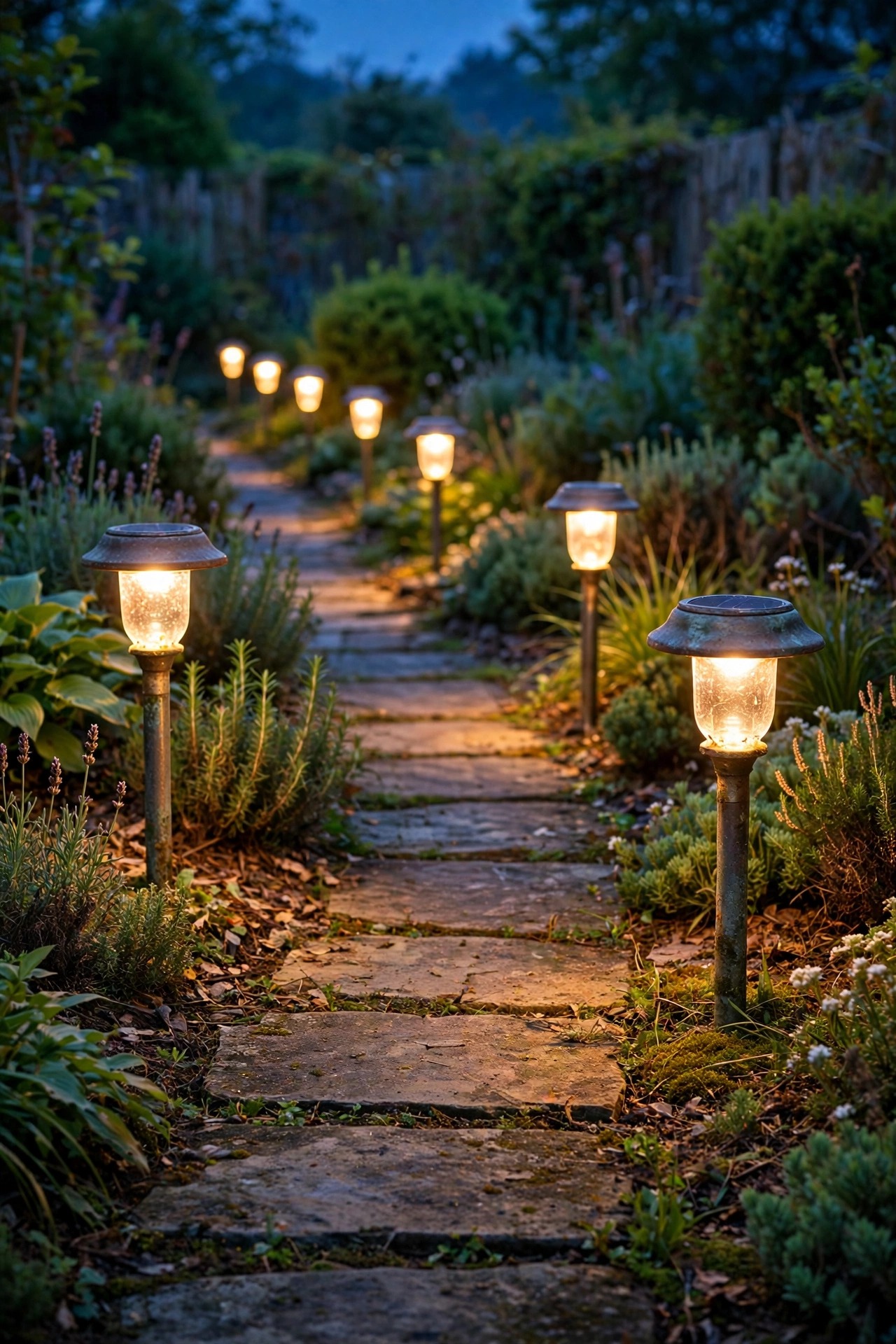 Row of warm glowing solar path lights along a garden walkway at dusk, several years old and still shining