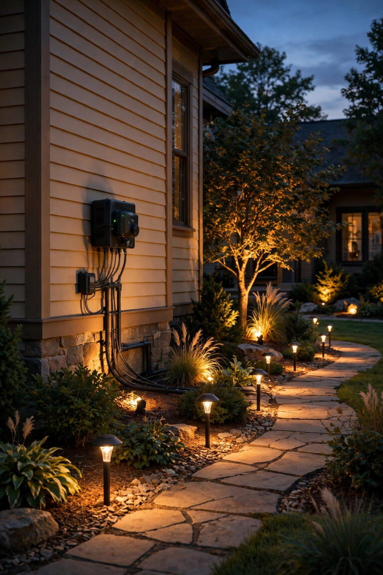 Suburban front yard at dusk with a low-voltage landscape lighting transformer on the house wall feeding rows of glowing path lights and spotlights