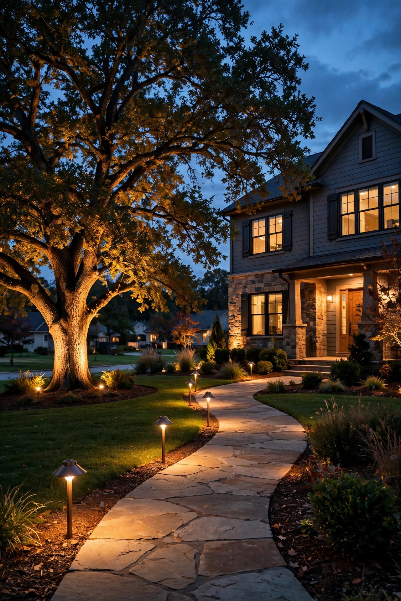 Photorealistic warm dusk view of a professionally lit suburban front yard, cast brass path lights along a curved walkway, uplights washing a mature oak tree, warm 2700K glow on the home facade