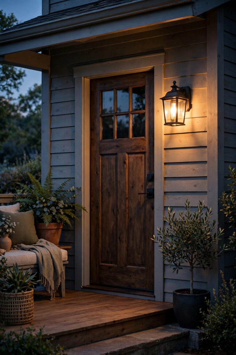 Front porch at dusk with a newly installed warm-glowing lantern porch light beside the front door, welcoming entryway