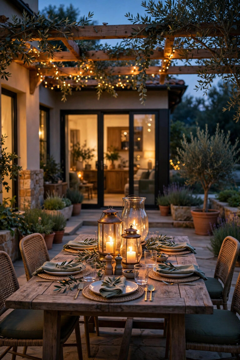 Outdoor dining table at dusk with glowing glass hurricane lanterns as the centerpiece