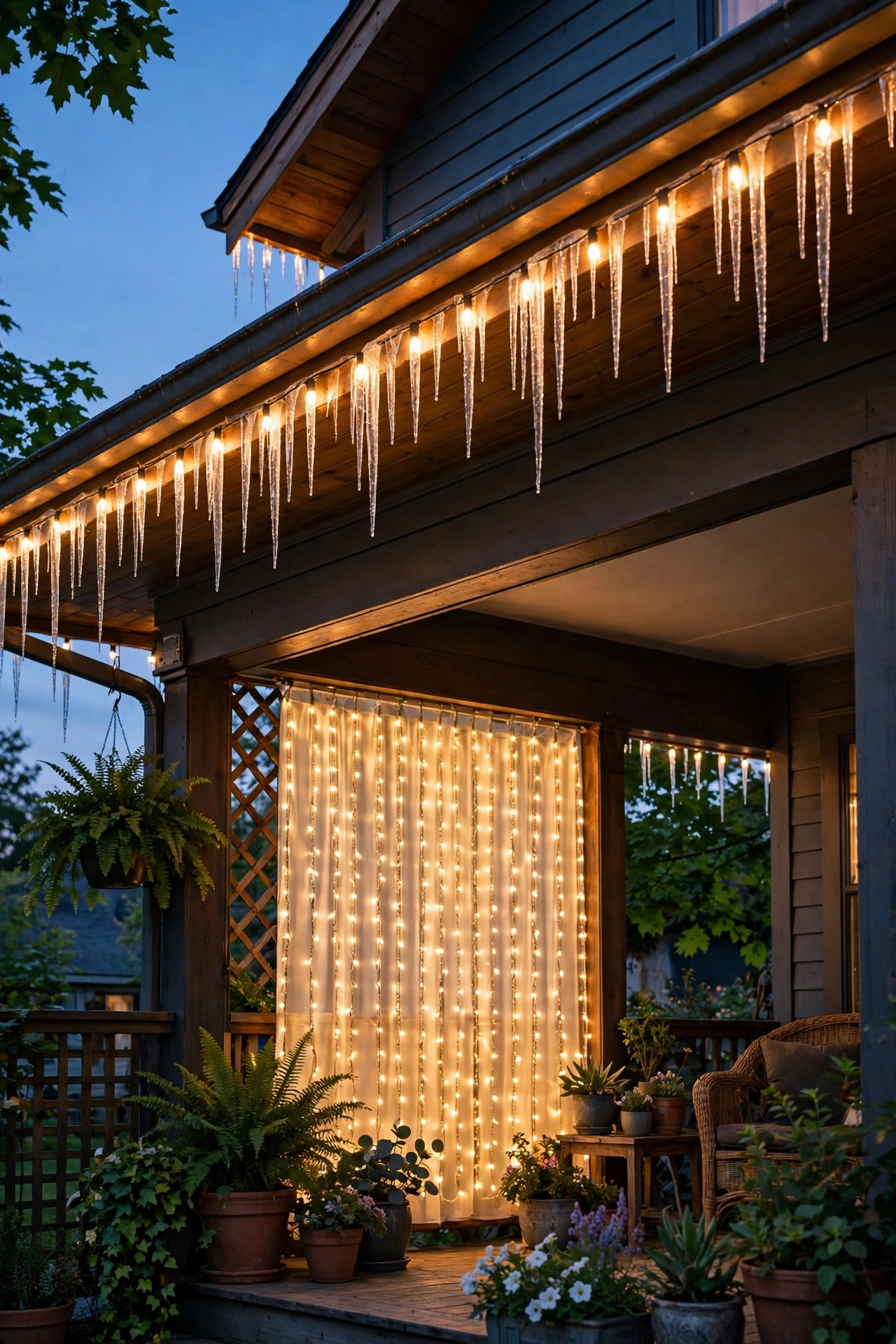 Warm white icicle lights glowing along a home's eave and a curtain light panel on the porch at dusk in summer