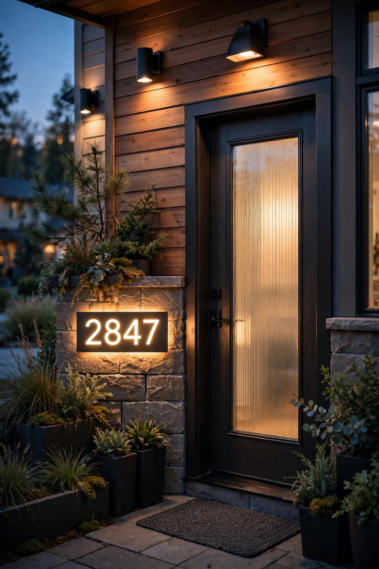 Illuminated house numbers glowing warmly beside a front door at dusk, easy to read from the street