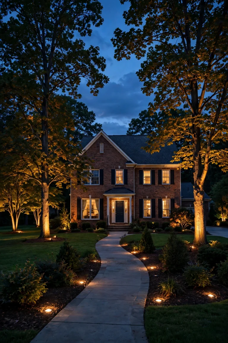 Nighttime view of a suburban home with warm in ground well lights landscape lighting washing across trees and a walkway