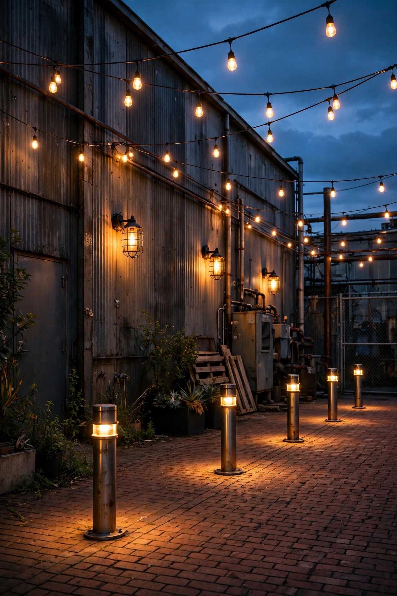 Industrial backyard at dusk with caged sconces, Edison string lights and steel bollards glowing warm over a brick patio