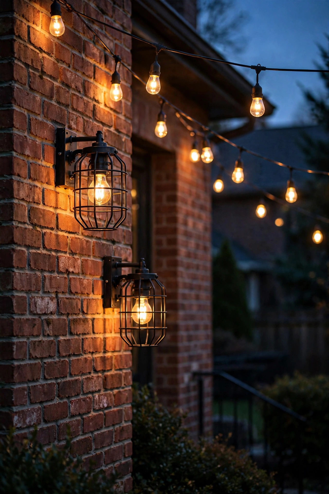 Industrial outdoor lighting on a brick home exterior with black metal cage sconces and warm Edison bulb string lights at dusk