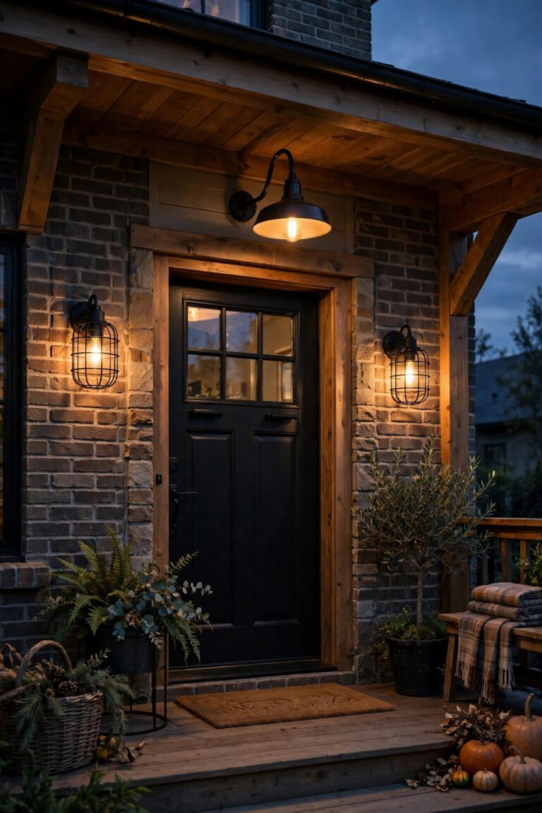 Welcoming front porch at dusk with industrial porch lighting, caged black sconces flanking the door, a gooseneck barn light, and warm filament bulbs glowing