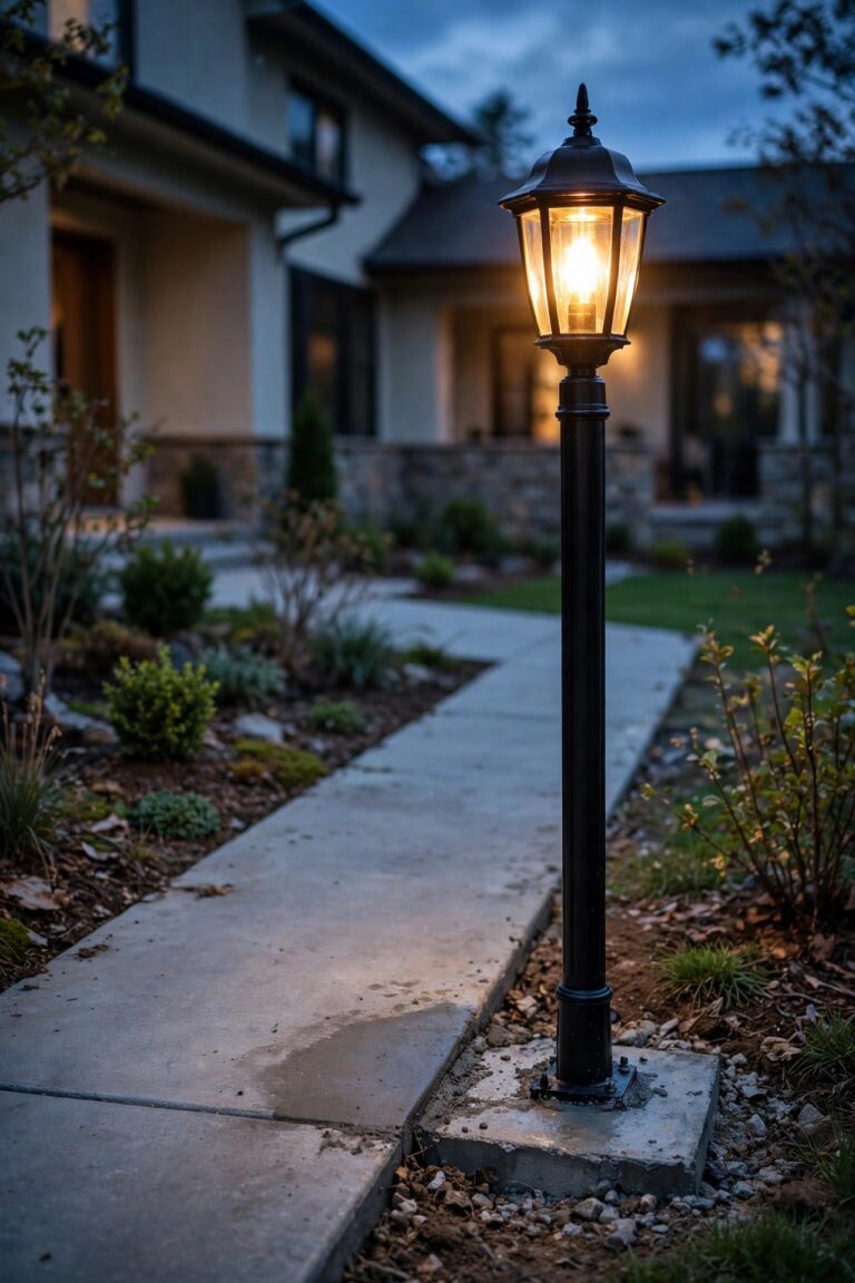 Newly installed black lamp post with a warm glowing lantern head standing plumb beside a front walkway at dusk, fresh concrete base at its foot