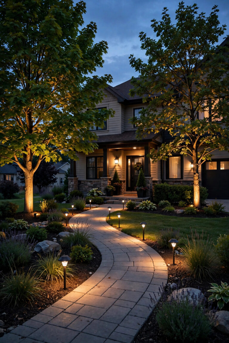 Suburban front yard at dusk glowing with newly installed low voltage landscape lighting, path lights along the walkway and warm uplights on trees