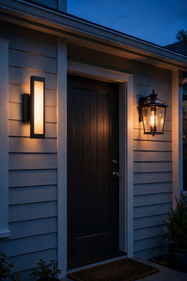 Two matching porch sconces glowing at dusk beside a front door, one integrated LED style and one traditional bulb style, warm light on the siding
